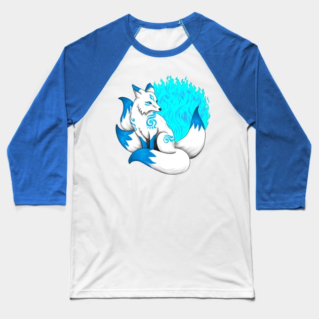 Aqua Blue Kitsune Fox Baseball T-Shirt by Lady Lilac